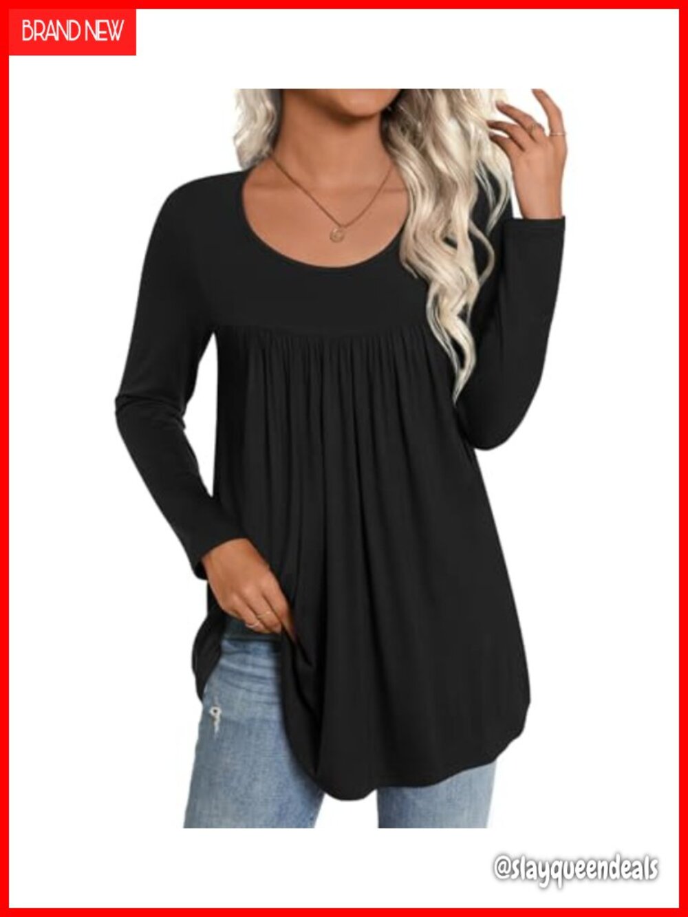 CATHY Womens Long Sleeve Tunic Top Loose Fit Scoop Neck Pleated Hem Casual